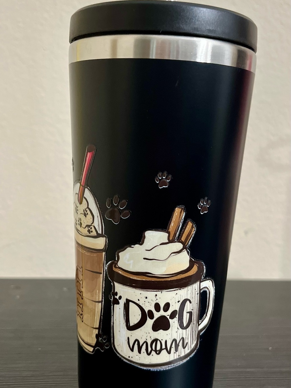 "Dog Mom" Travel 20 Oz Black Tumbler with Coffee Design
